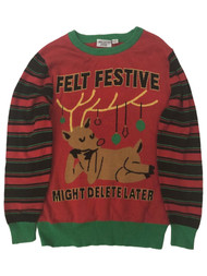 Womens (Jrs) Funny Red Reindeer Felt Festive Christmas Holiday Sweater
