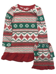 Girls Red & Green Snowflake Fleece Holiday Nightgown & Doll Night Gown Set