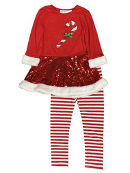 Blueberi Boulevard Girls Red Sequin Candy Cane Holiday Christmas Outfit