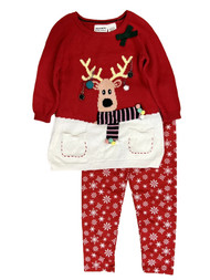 Blueberi Boulevard Girls Red Reindeer Christmas Sweater & Snowflake Leggings