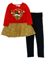 Blueberi Girls Red Flip Sequin Deer Outfit Christmas 2pc Shirt & Leggings Set