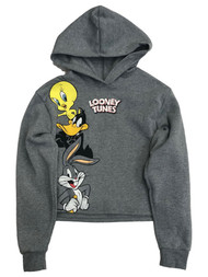 Looney Tunes Womens (Jrs) Gray Bugs Bunny Semi-Crop Hoodie Sweatshirt