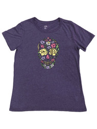 Womens Purple Floral Sugar Skull Day of the Dead Halloween Tee Shirt