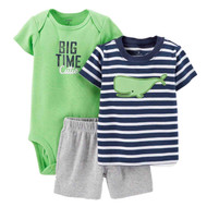Carter's Infant Boys Blue 3 Piece Bodysuit Whale T-Shirt & Plaid Shorts NB