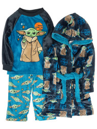 Toddler Boys Green Plush Baby Yoda Bath Robe & Pajamas Sleep Set