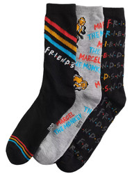 Adult Mens 3pr Black & Gray Friends Ross Phoebe Rachel Chandler Crew Socks Set