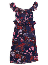 Womens Blue & Red Floral Print Off the Shoulder Midi Dress