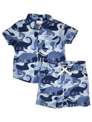 Infant Boys Blue Camo Dinosaur Shirt & Shorts Lounge Wear Outfit Set