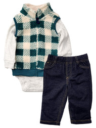 Carters Infant Baby Boys Green Sherpa Vest Pant & Cotton Bodysuit 3 Pc Set