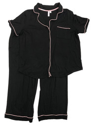 Womens Black & Pink Pajamas Button Front Top & Capri Pants Sleep Set