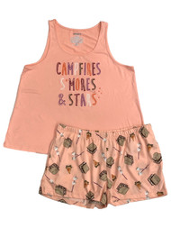 Womens Peach Campfires Smores & Stars Pajamas Shorts Tank Top Sleep Set