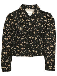 Womens (Jrs) Black & Pink Floral Print Puff Sleeve Denim Jean Jacket