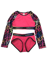 Justice Girls 2pc Swim Suit Pink Grafiti Print Rash Guard & Briefs Set
