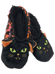 Womens Plush Black Flip Sequin Halloween Kitty Cat Slippers