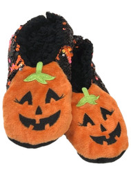 Womens Plush Orange & Black Flip Sequin Halloween Pumpkin Slippers