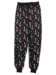 Womens Plush Black Candycane Holiday Joggers Sleep Pants Pajama Bottoms