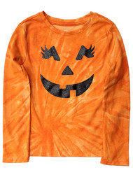 Girls Tie Dye Jack O Lantern Pumpkin Halloween Long Sleeve T-Shirt Tee