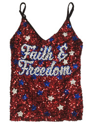 Womens (Junior's) Red Sequin Faith & Freedom Patriotic Tank Top Shirt