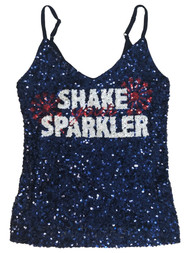 Womens (Junior) Blue Sequin Shake Your Sparkler Patriotic Tank Top Shirt