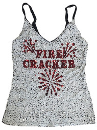 Womens (Junior's) White & Red Sequin Patriotic Firecracker Tank Top Shirt