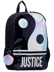 Justice Girls Black Yin Yang 17" Backpack with Tech Pocket & Pom Key Chain