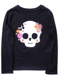 Girls Black Long Sleeve Glitter Sugar Skull Halloween T-Shirt Tee Shirt XS