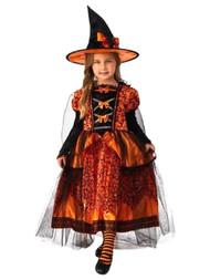 Girls Long Orange & Black Witch Dress Cape Hat Halloween Costume S 6/6X