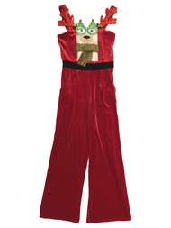 Womens Red Velvet Sparkle Reindeer Christmas Holiday Overalls Jumpsuit