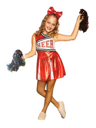 Girls Red Cheer Cuteness Cheerleader Costume With Pom Poms & Hair Bow
