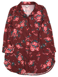Womens Silky Burgundy Floral Print Button Front Nightgown Sleep Shirt