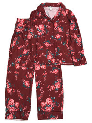 Sofia Intimates Womens Silky Burgundy Floral Rose Print Pajamas Sleep Set