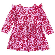 Toddler Girls Long Sleeve Pink Red Flower Hearts Love Valentines Dress