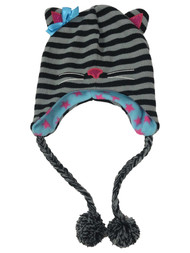 Womens Black Striped Kitty Cat Peruvian Style Trapper Hat Fleece Lined