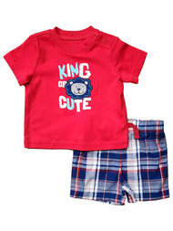 Infant Boys Blue & Red King Of Cute Shirt & Plaid Shorts Outfit Set