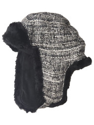 Womens Plush Black & White Tweed Fleeced Lined Trapper Hat