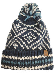 Womens Blue & White Knit Pom Beanie Cuffed Stocking Cap Hat with Fleece Lining