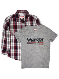 Wrangler Boys Gray & Red Plaid Long Sleeve Button-Down & Tee Shirt Set XS 4-5