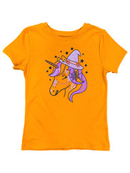 Girls Orange Sparkle Unicorn Witch Halloween T-Shirt Short Sleeve