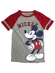 Disney Womens (Juniors) Gray & Red Ribbed Mickey Mouse T-Shirt Tee Shirt