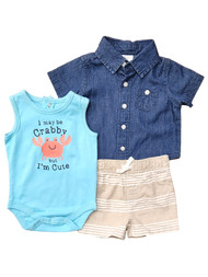 Carters Infant Boys 3pc Blue Crab Bodysuit, Denim Shirt & Tan Shorts Set
