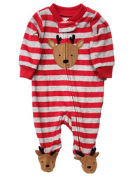 Carters Infant Boys Red & Gray Striped Reindeer Christmas Sleeper Pajamas