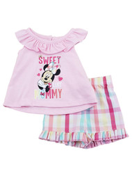 Disney Infant Girls Pink Minnie Mouse Outfit Ruffled Shirt & Shorts Set 0-3m