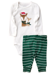Carters Infant Boys Green Reindeer Christmas Bodysuit & Green Pants Outfit
