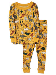 Infant Boys Yellow Cotton Dinosaur Jungle Print Pajamas Sleep Set