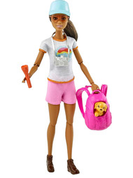 Barbie Self-Care Posable Doll, Brunette Hiking Doll with Puppy & Accessories