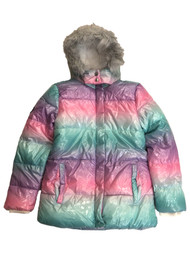 Justice Girls Rainbow Pink & Blue Hooded Ski Jacket Winter Puffer Coat