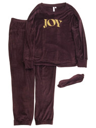 Womens Burgundy & Gold Velvet Joy 3pc Holiday Pajamas Joggers Sleep Set