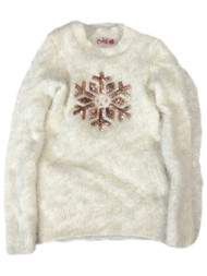Girls Fuzzy Plush Ivory & Rose Gold Sequin Snowflake Sweater
