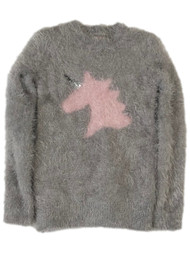 Girls Fuzzy Plush Gray & Pink Sequin Unicorn Sweater
