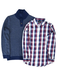 Izod Boys Blue & White Sweater & Plaid Button Down Shirt Set Sweater
